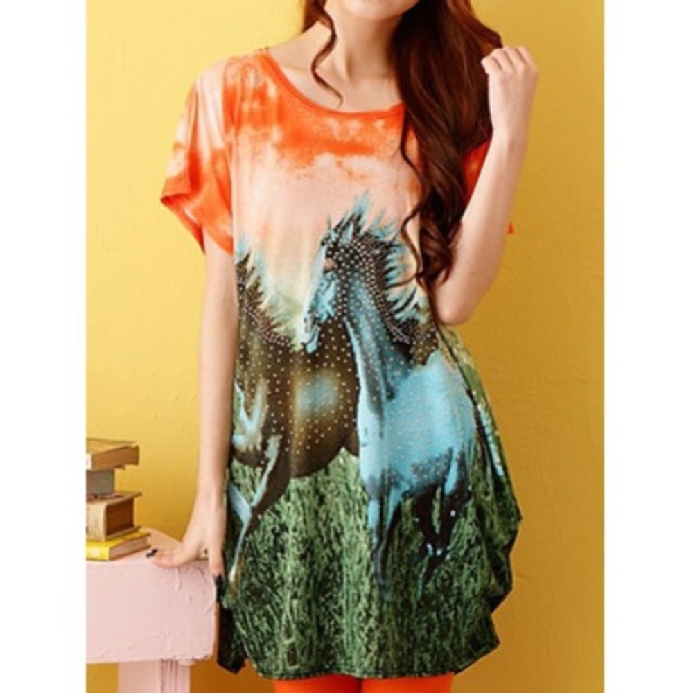 ✨ Scoop Neck Rhinestones Horse Print Dress OS ✨